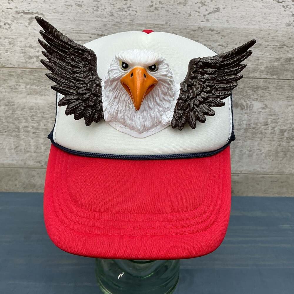 3D Eagle Head Patriotic Trucker Hat with Wings Detail Red White and Blue